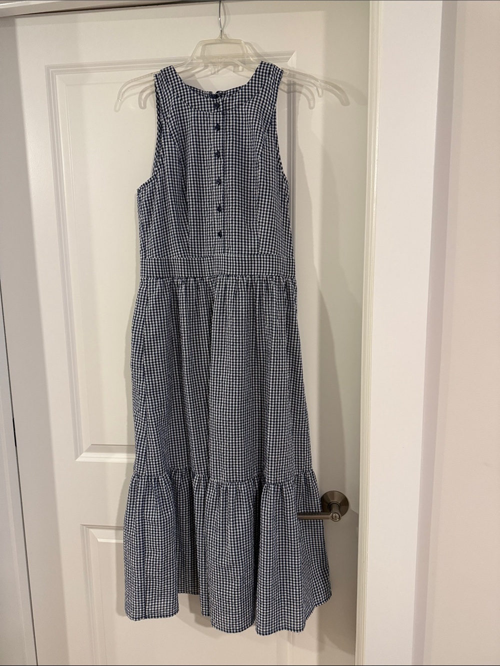 Gal Meets Glam Navy Gingham Sleeveless Tiered Dress